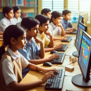 Students learning coding in school